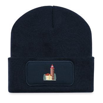 Dahme, Handzeichnung alter Leuchtturm, Dahmeshöved - Recycelte Patch Beanie - French Navy - Vorne