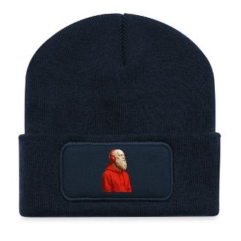 Socrate avec un sweat à capuche rouge et des écouteurs - Beanie recyclé à patch - bleu marine - Devant