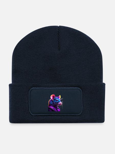 Neon Ratte im Lederjacke - Recycelte Patch Beanie - French Navy