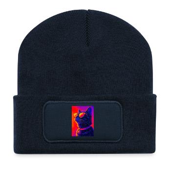 Lebendige Neonkatze mit Sonnenbrille - Recycelte Patch Beanie - French Navy - Vorne