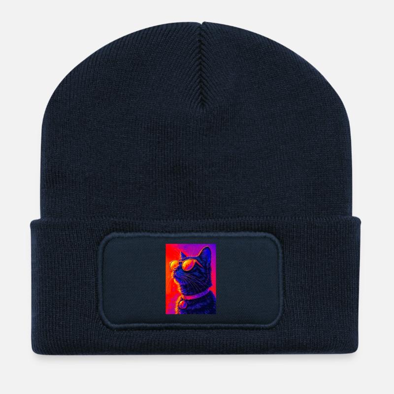 Vibrant Neon Cat with Sunglasses - Recycled Patch Beanie - french navy