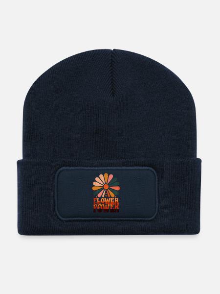 Flower Power Retro Sonnenaufgang - Recycelte Patch Beanie - French Navy