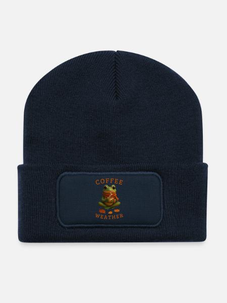 Herbstfrosch Frosch mit Kaffee Herbst Geschenkidee - Recycelte Patch Beanie - French Navy