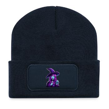 Neon Witch Portrait in Purple - Recycled Patch Beanie - french navy - Front