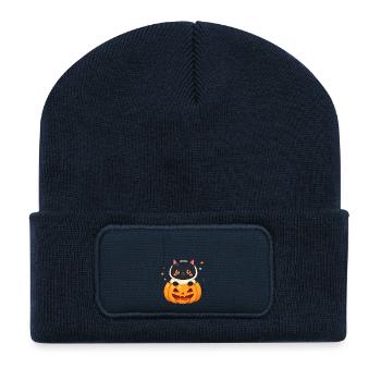 Chat d’Halloween avec citrouille d’Halloween - Beanie recyclé à patch - bleu marine - Devant