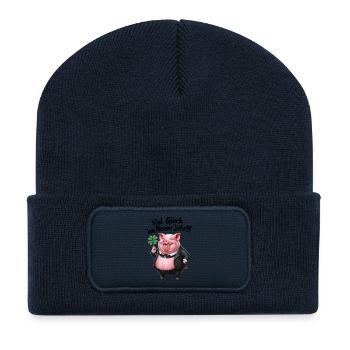 Réveillon du Nouvel An, Jour de l'An, Bonne chance, Cochon du Nouvel An - Beanie recyclé à patch - bleu marine - Devant