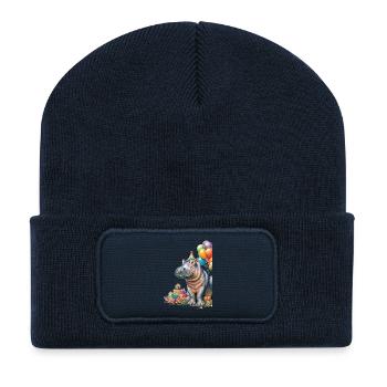 Hippo Geburtstagsfeier mit Ballons - Recycelte Patch Beanie - French Navy - Vorne