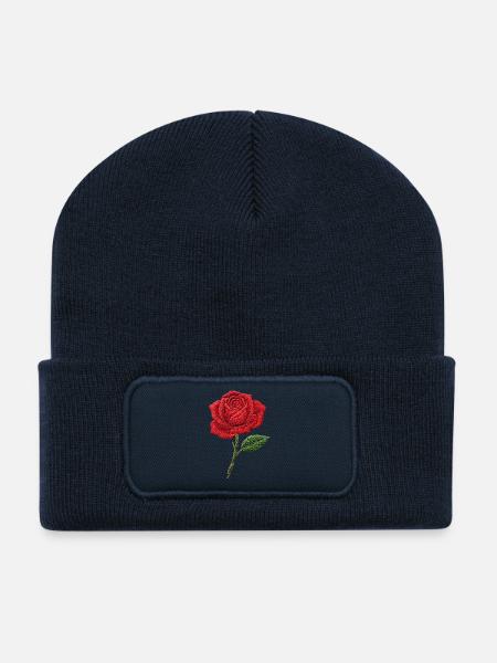Rose im bestickten Look (bedruckt) - Recycelte Patch Beanie - French Navy