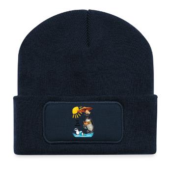 Vacances avec un manchot sur la plage et cocktail - Beanie recyclé à patch - bleu marine - Devant