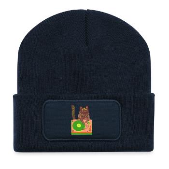 Cat DJ on Neon Turntable - Recycled Patch Beanie - french navy - Front
