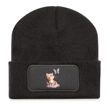 Kawaii Neugieriges Kätzchen und Schmetterling 🐱🦋 - Recycelte Patch Beanie - Dunkelgrau - Vorne