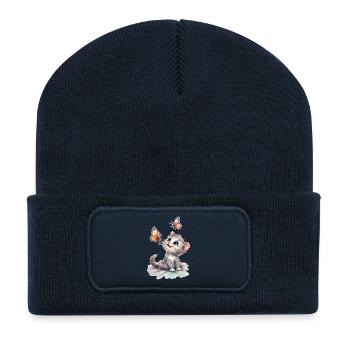 Chaton aux papillons – Aquarelle 🐱🦋 - Beanie recyclé à patch - bleu marine - Devant