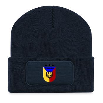 Romania Wappen Dreifarbig Schild - Recycelte Patch Beanie - French Navy - Vorne
