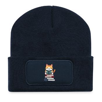 Cat reading a book - Recycled Patch Beanie - french navy - Front