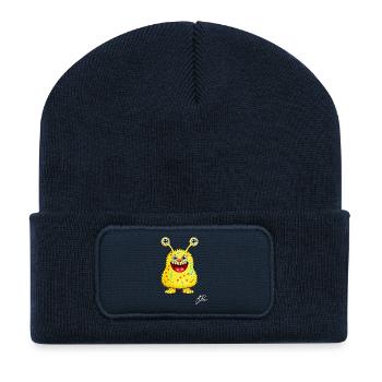 Gelbes Monster mit Konfetti-Punkten - Recycelte Patch Beanie - French Navy - Vorne