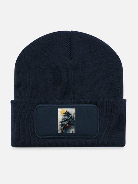 Pagoda under the moon in watercolor - Recycled Patch Beanie - french navy
