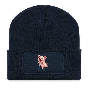 Schwein Roller Scooter Lustiges Bauernhof Motiv - Recycelte Patch Beanie - French Navy - Vorne