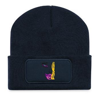 Neon Frauen Model Gesicht mit gelbem Haar - Recycelte Patch Beanie - French Navy - Vorne