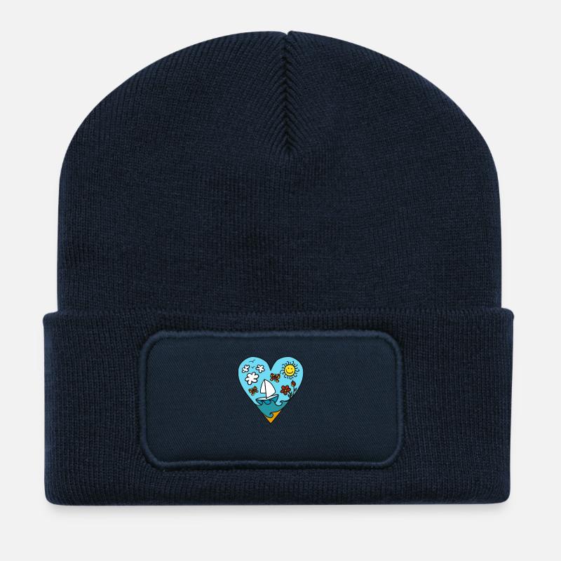 Segelboot, Herz, Sonne, Sommer, Wellen, Urlaub - Recycelte Patch Beanie - French Navy