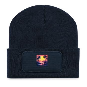Lebendiger Retro-Sonnenuntergang im Stil der 80er Jahre - Recycelte Patch Beanie - French Navy - Vorne