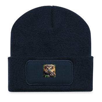 hibou visage portrait forêt oiseau de proie vigilant - Beanie recyclé à patch - bleu marine - Devant