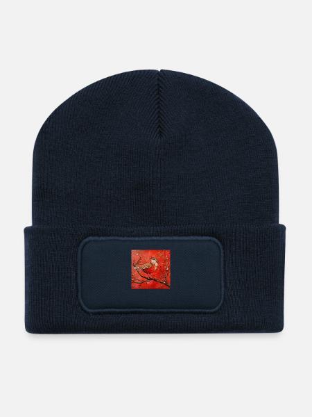 Singvogel Ast filigran Rottöne Zeichnung niedlich - Recycelte Patch Beanie - French Navy