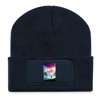 Paysage avec lac, bateau et montagnes - Beanie recyclé à patch - bleu marine - Devant