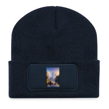 Paysage avec lac, bateau et montagnes - Beanie recyclé à patch - bleu marine - Devant
