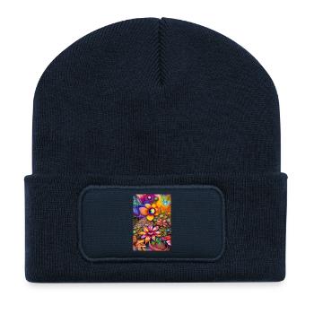 Fleurs et papillon - Beanie recyclé à patch - bleu marine - Devant