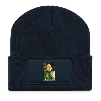 Delicate yellow-light orange rose bud - Recycled Patch Beanie - french navy - Front