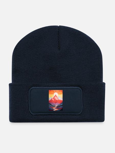 Paysage de Montagne avec coucher de soleil - Beanie recyclé à patch - bleu marine