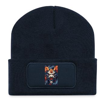 Blauer Drachenkopf mit Feuerblumen - Recycelte Patch Beanie - French Navy - Vorne
