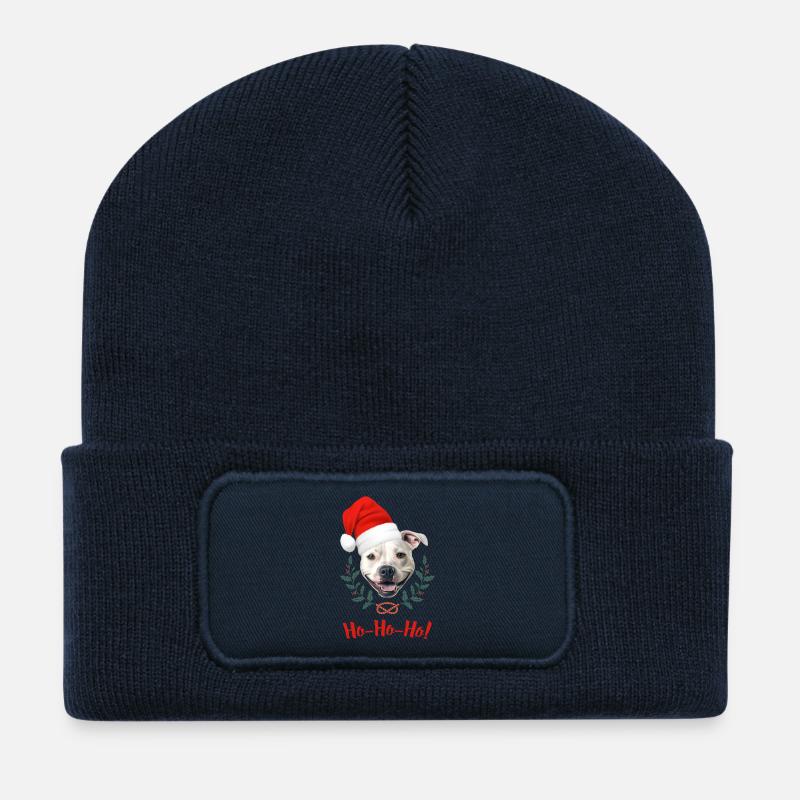 Tête de staffie blanc avec bonnet de père Noël - Beanie recyclé à patch - bleu marine