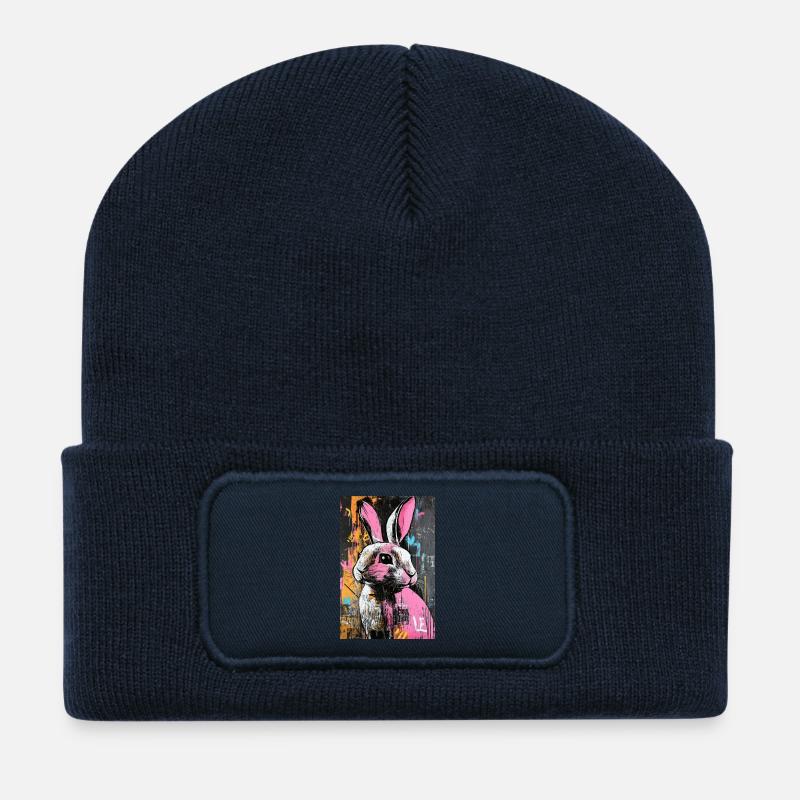 Graffiti Hase im Neonrausch - Recycelte Patch Beanie - French Navy