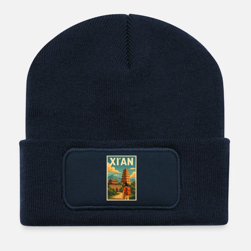 Xian Retro Poster Design - Recycelte Patch Beanie - French Navy