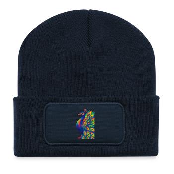 WPAP Polygon Stil Tiere - Pfau Porträt - Recycelte Patch Beanie - French Navy - Vorne