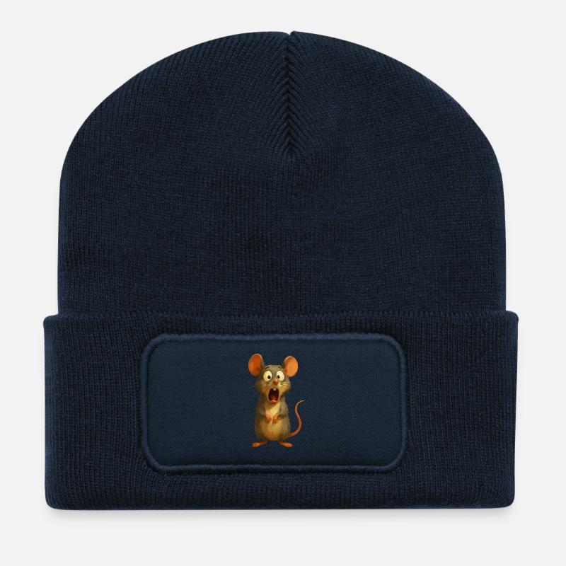 Funny Cartoon Mouse Surprised Comic Animal Motif - Recycled Patch Beanie - french navy