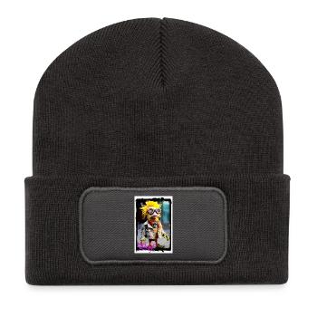 Poupée oiseau inhabituelle de style punk - Beanie recyclé à patch - charbon - Devant