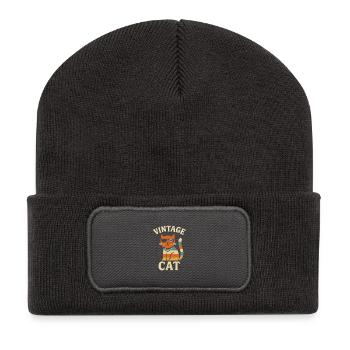Vintage Katzen Illustration mit Retro Aesthetic - Recycelte Patch Beanie - Dunkelgrau - Vorne