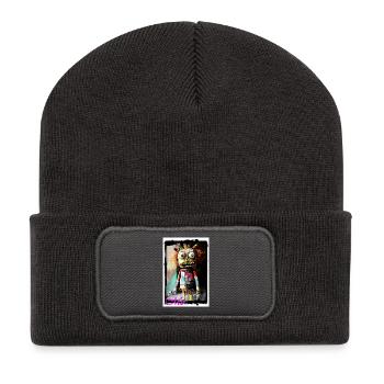 Handgefertigte bunte Stoffpuppe Streetart urban - Recycelte Patch Beanie - Dunkelgrau - Vorne