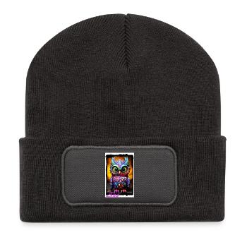 Figurine de hibou colorée avec des couleurs néon en textile de poupée - Beanie recyclé à patch - charbon - Devant