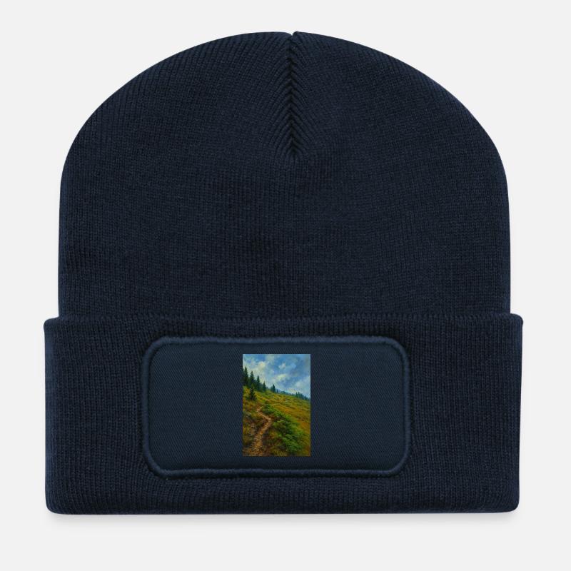 Landschaftliche Bergwanderung in Ölgemälde-Optik - Recycelte Patch Beanie - French Navy