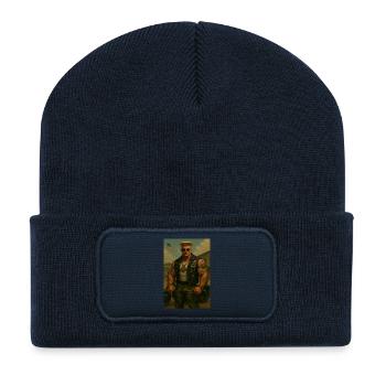 Military Biker – Blonder Krieger in Medaillenweste - Recycelte Patch Beanie - French Navy - Vorne
