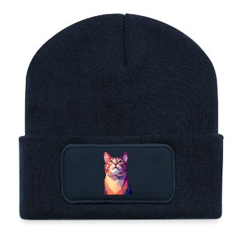 Modern Polygon Cat Art – Colorful Portrait - Recycled Patch Beanie - french navy - Front