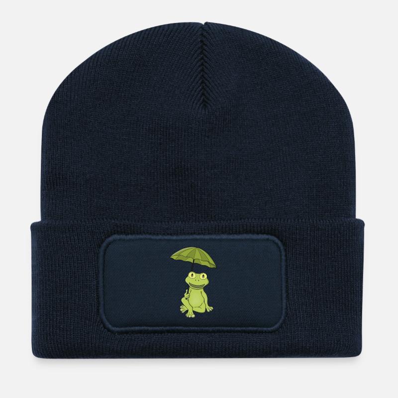 Grüner Frosch unter Regenschirm - Recycelte Patch Beanie - French Navy