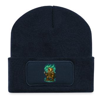 Bouledogue viking avec hache sous le ciel du Nord - Beanie recyclé à patch - bleu marine - Devant