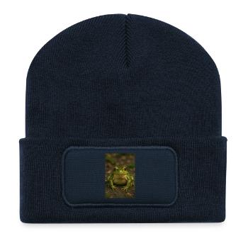 Grüner Frosch im Fokus - Recycelte Patch Beanie - French Navy - Vorne