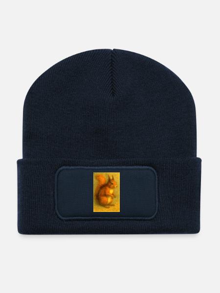 Red Squirrel in Classic Oil Painting - Recycled Patch Beanie - french navy