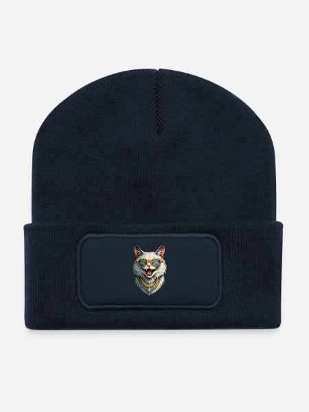Happy Lady Cat -  Sonnenbrille & Goldketten - Recycelte Patch Beanie - French Navy