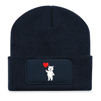Ours avec ballon au cœur - Beanie recyclé à patch - bleu marine - Devant